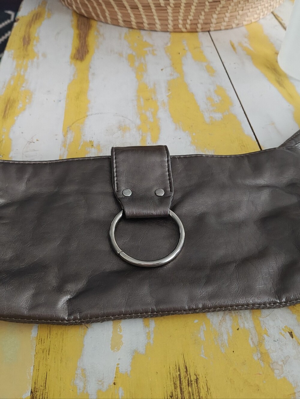 Dark Brown Bronze Colored  Clutch with Silver Ring Accent